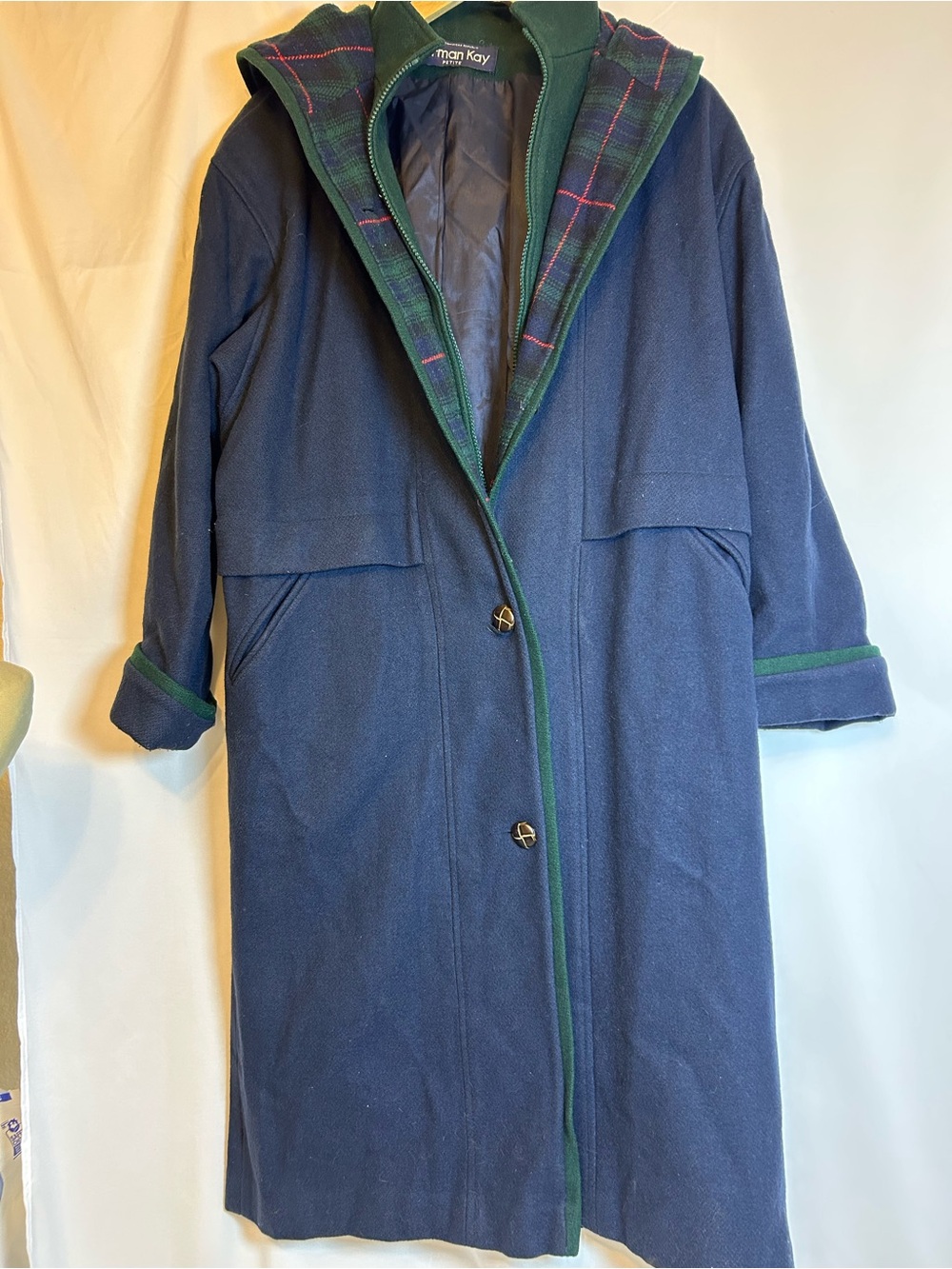 Vintage Herman Kay Navy Wool-Blend Hooded Coat with Green Trim
